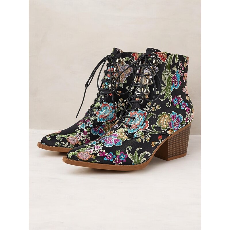 Women's Floral Embroidered Lace-Up Ankle Boots - Vibrant Pink Satin with Chunky Heel for Casual, Party, or Boho-Chic Outfits2