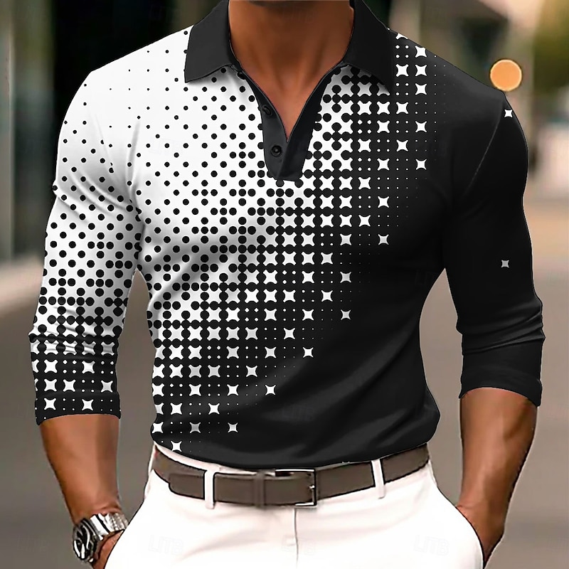 Men's Polo Shirts Golf Shirt Long Sleeve Polo Shirts Collared Shirts Casual Business Casual Dailywear Athleisure 3D Print Buttons Spring Fall Winter Black Blue Brown