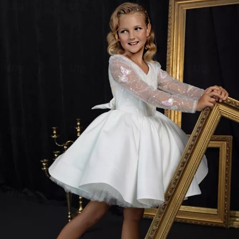 Kids Girls' Flower Girl Dress First Communion Dress Party Dress Solid Color Long Sleeve Performance Wedding Party Mesh Princess Sweet Mesh Mid-Calf Sheath Dress Tulle Dress Summer Spring Fall kids