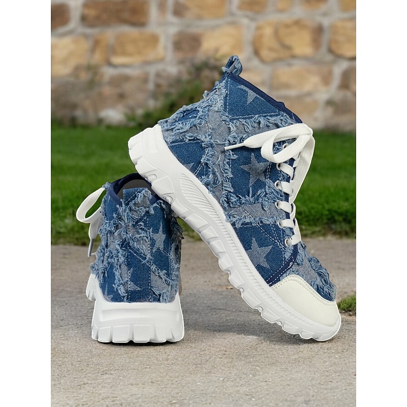 Women's Casual Blue Distressed Denim High-Tops Sneakers  - Perfect for Everyday Wear