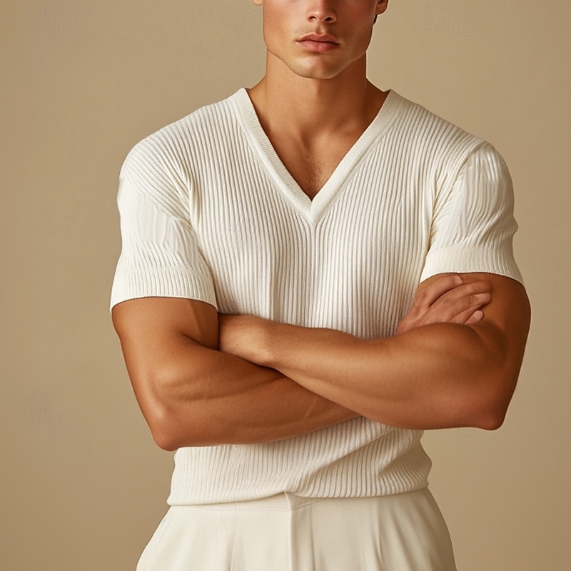 Men's Short Sleeve Shirt Ribbed Knit tee Tee Top Short Sleeve V Neck Summer Fall Winter Solid Color Pit Strip Sports Daily Classic Style Outdoor Casual Light Blue Black White Top Tee for Men