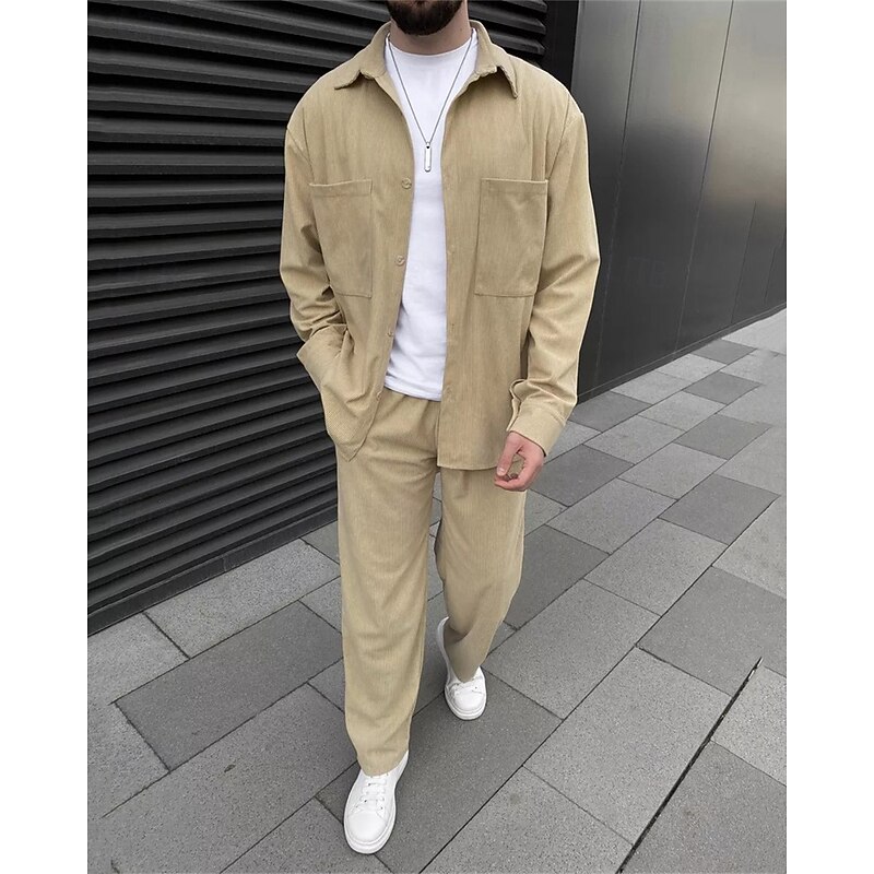 Men's Lightweight Jacket Summer Jacket Shirt Jacket Corduroy Jacket Vacation Daily Wearproof Pocket 2 Piece Fall & Winter Plain Fashion Classic Lapel Regular Black Sky Blue Dark Green Khaki Coffee