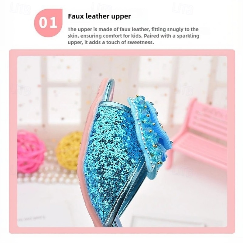 Girls' Glittery Pink Open-Toe Princess Heels with Bow and Pearl Details - Perfect for Parties and Dress-Up3