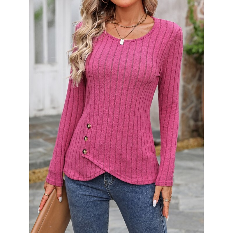 Women's T Shirt Plain Fashion Modern Casual Long Sleeve Crew Neck Regular Tops Daily Weekend Buttons Fuchsia Brown Green Fall Winter4