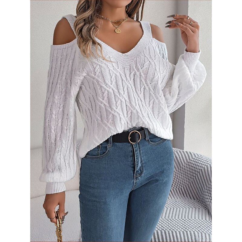 Women's Sweater Casual Soft Pure Color Ribbed Strap Knitted Cold Shoulder Long Sleeve Regular Tops Knit Outdoor Daily Weekend White Khaki Fall Winter4