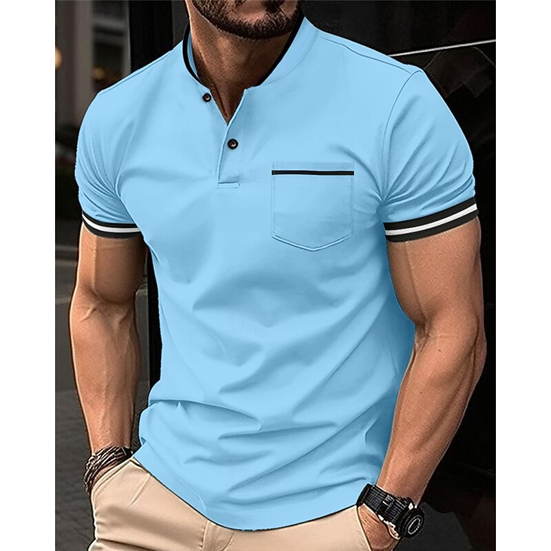 Men's Golf Shirt Golf Polos Shirts Work Casual Stand Collar Short Sleeve Basic Modern Color Block Patchwork Buttons Spring & Summer Regular Fit Wine Black White Sky Blue Khaki Gray Golf Shirt