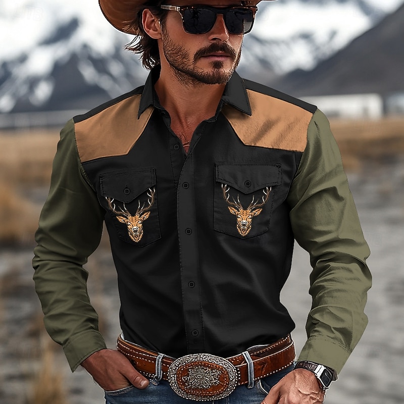 Men's Cow Western Shirt Cowboy Shirt Long Sleeve Western Casual Spring Fall Turndown Button Up Black Brown