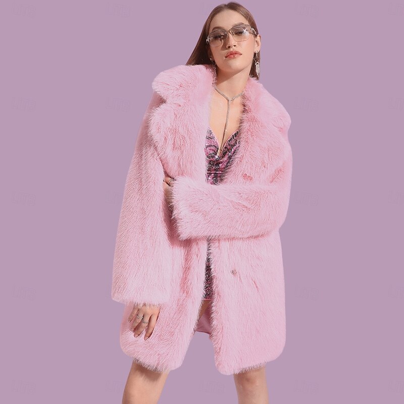Women's Faux Fur Coat Warm Comfortable Pocket Knitting Elegant Fashion Minimalism Sweet Solid Color Casual Daily Daily Wear Casual Daily Single Breasted Long Lapel Slim Long Sleeve Outerwear Pink - Main Image