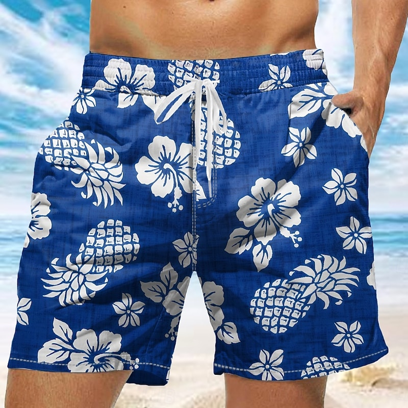 Men's Pineapple Tropical Flowers Swim Trunks Swim Shorts Board Shorts Mid Waist Tropical Streetwear Hawaiian Vacation Daily Holiday Drawstring Elastic Waist 3D Print Designer Clothing Apparel