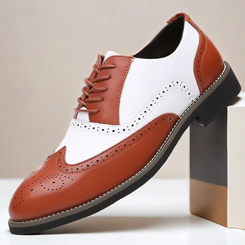 Men's Two-Tone Oxford Brogue Wingtip Dress Shoes in White and Chestnut Brown, Gatsby-Inspired Vintage Leather Spectator Shoes for 1920s Party, Wedding, and Formal Events