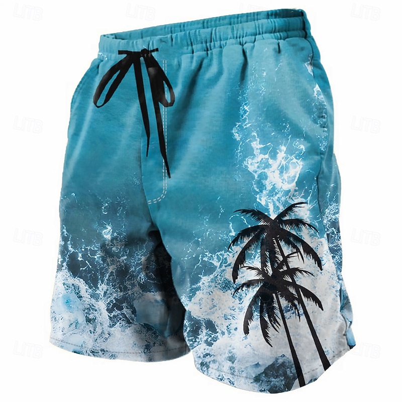 Men's Coconut Tree Waves Swim Shorts Board Shorts Swimming Trunks Mid Waist Tropical Streetwear Hawaiian Vacation Daily Holiday Drawstring Elastic Waist 3D Print Designer Clothing Apparel