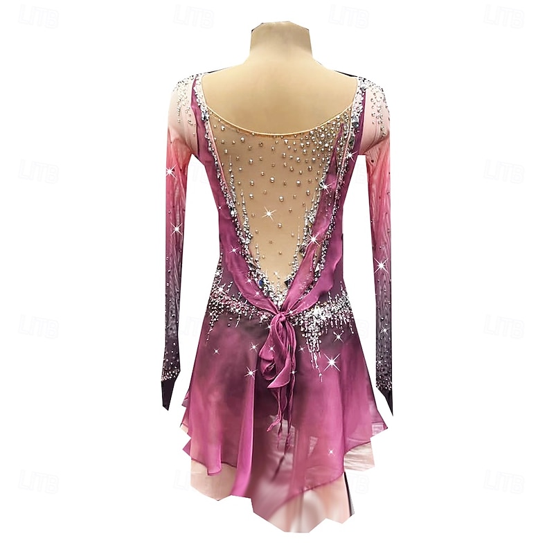 Figure Skating Dress Women's Girls' Ice Skating Dress Rose Red Thumbhole Halo Dyeing High Elasticity Professional Competition Skating Wear Thermal Warm Crystal / Rhinestone Long Sleeve Ice Skating2