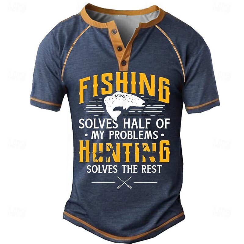Men's Graphic Fishing Hunting Henley Shirt Tee Short Sleeve Fashion Designer Outdoor Casual Daily Summer Black Army Green Navy Blue Henley Henley T-Shirt