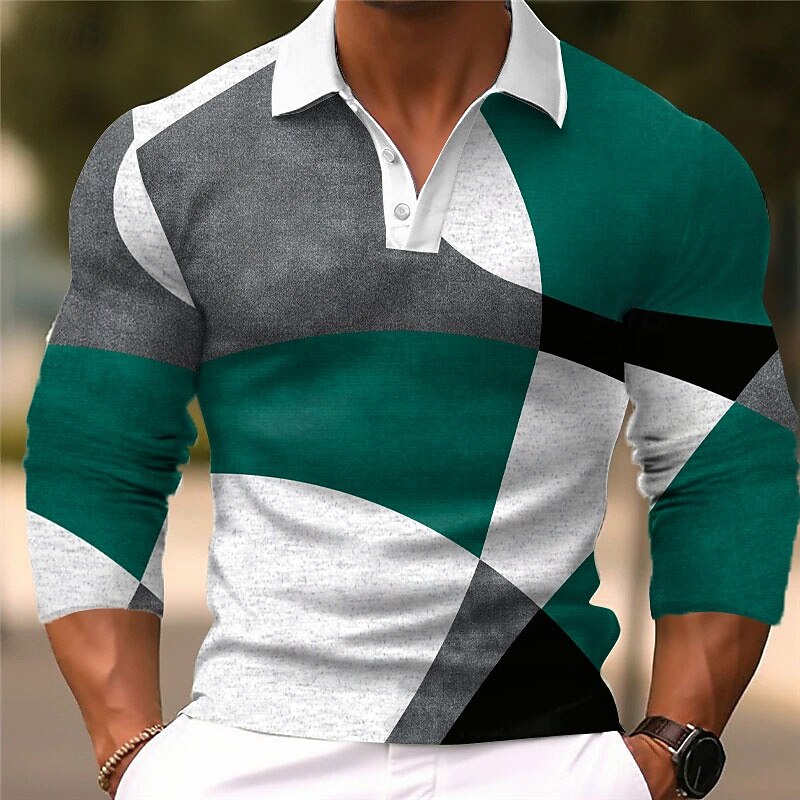 Men's Multi Color Polo Shirts Golf Shirt Long Sleeve Polo Shirts Collared Shirts Casual Business Casual Party Evening Wear Dailywear 3D Print Buttons Spring Fall Winter Blue Green4