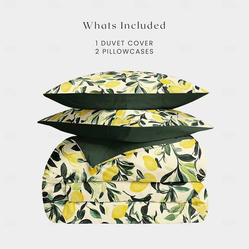 Lemon Vintage Duvet Cover Set 3 Pieces, Botanical Patterns, Soft Microfiber Bedding Set Machine Washable, Available in Queen, King, and Twin Sizes, Comfortable & Stylish2
