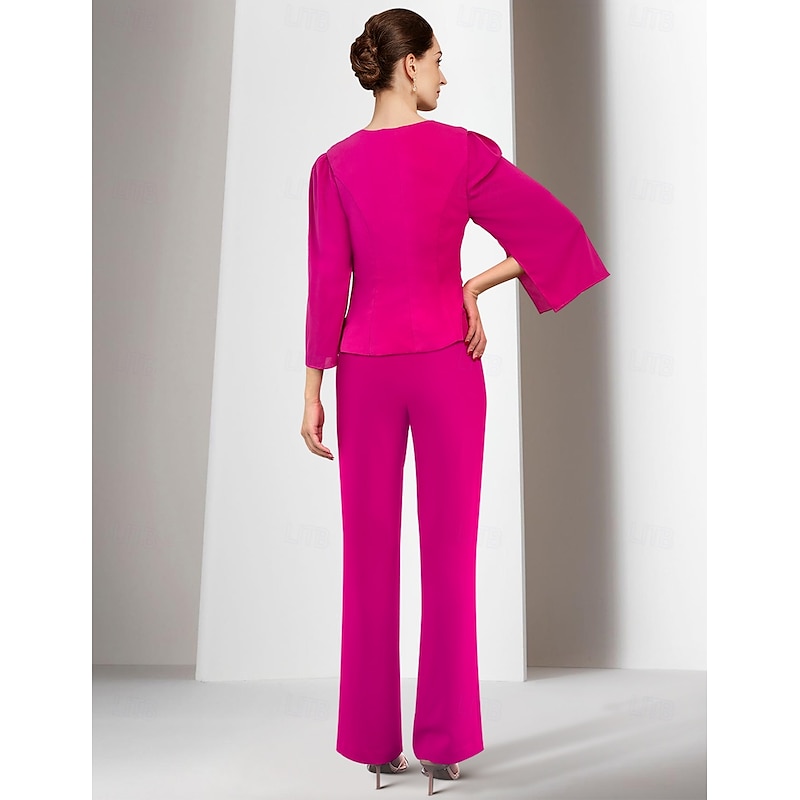 Women's 2 Pieces Suits Wedding Guest Wedding Party Chiffon Elegant Wrap Included 3/4 Sleeve Pleated Ankle Length3