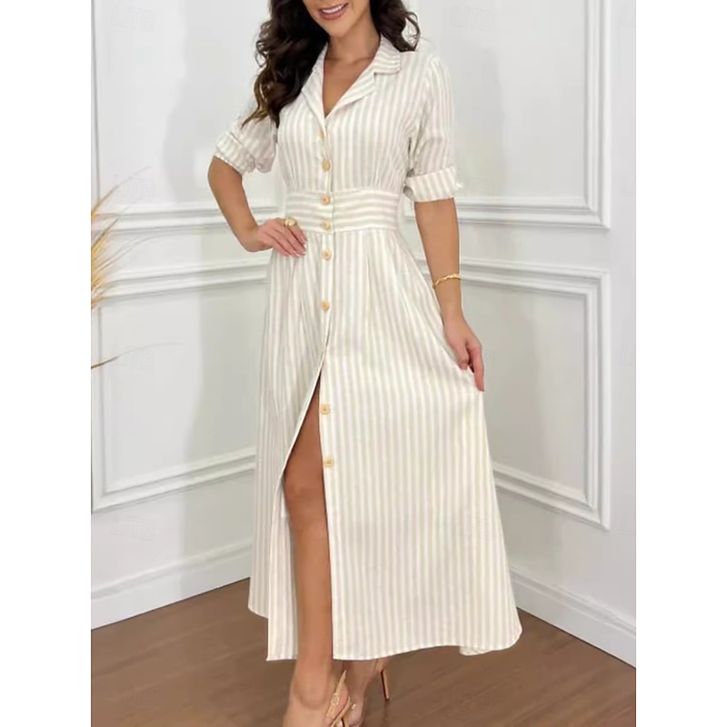 Women's Stripe Shirt Collar Maxi Dress 3/4 Length Sleeve Summer Spring4
