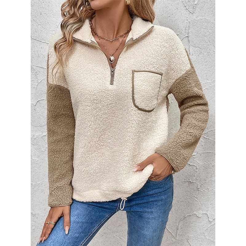 Women's Plain Fashion Casual Long Sleeve High Neck Regular Tops Street Casual Going out Half Zipper Quarter Zipper Patchwork Beige Fall Winter2