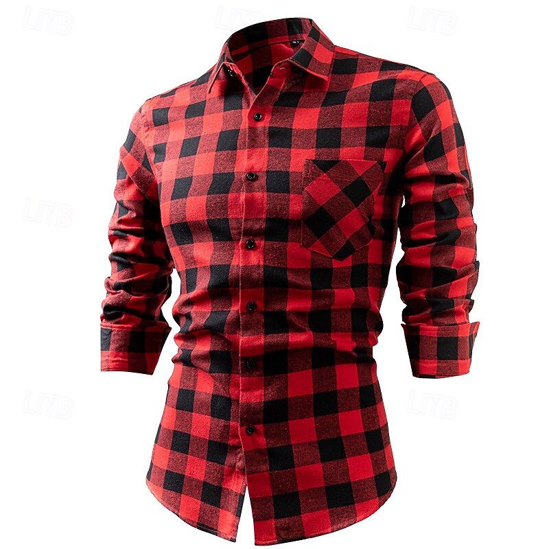 Men's Shirt Dress Shirt Button Up Shirt Plaid Wedding Party Dark Yellow White Dark Red Yellow Long Sleeve Lapel Spring &  Fall Clothing Apparel Pocket2