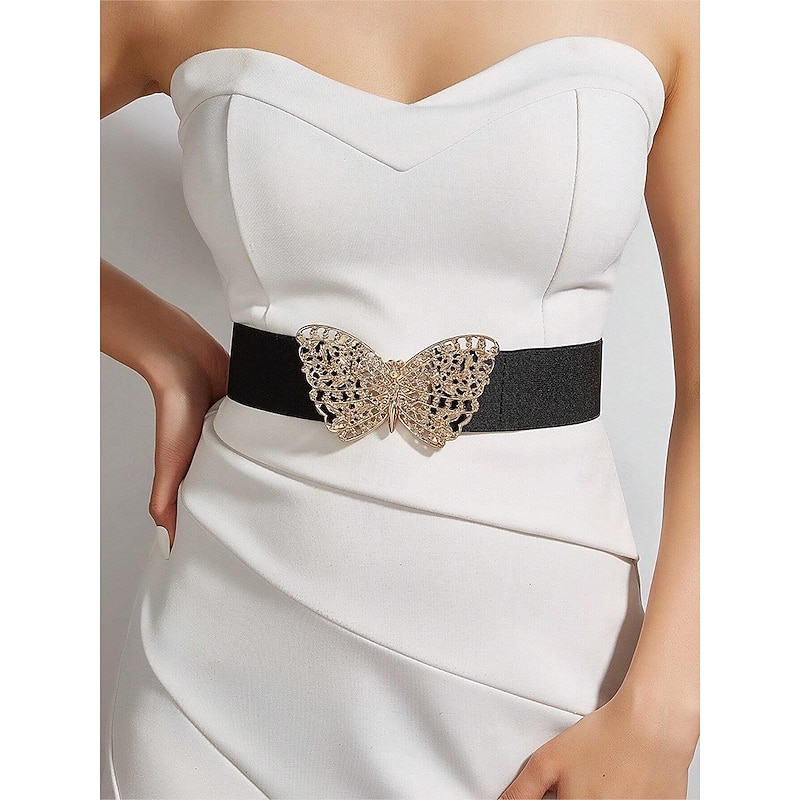 Women's Navy Blue Elastic Waist Belt with Gold Butterfly Buckle | Perfect for Dresses and Skirts