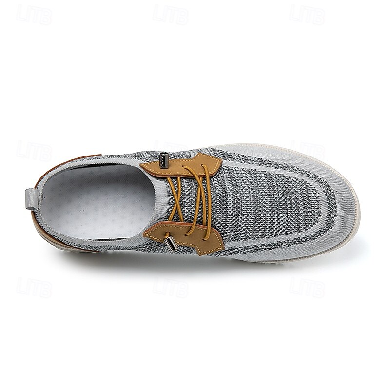Men's Grey Knit Sport Shoes with Leather Accents and Lace-Up Design – Comfortable Casual & Outdoor Footwear 13