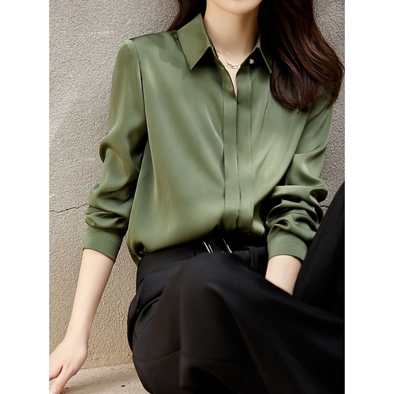 Women's Shirt Elegant Dressy Satin Solid Color Basic Casual Long Sleeve Shirt Collar Regular Tops Daily Buttons White Green Gray Fall Winter4