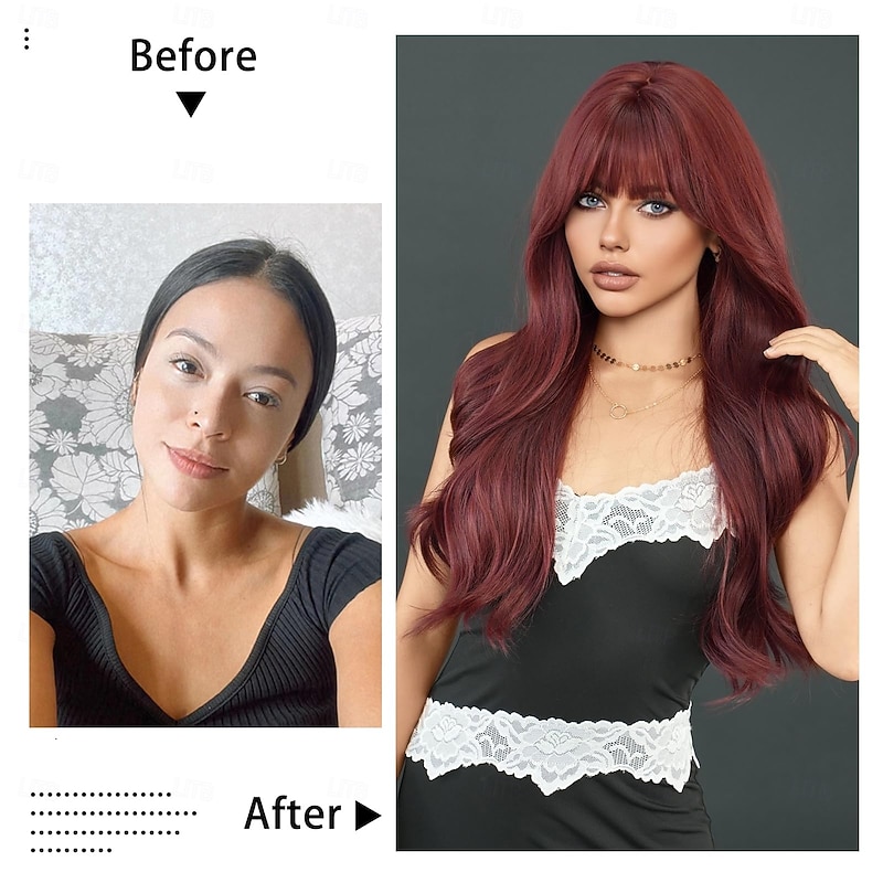 Long Wavy Wine Red Wig with Bang Burgundy Hair Synthetic Heat Resistant Wig Natural Maroon Dark Red Hair Heat Resistant Wigs for Women Daily Party Use3