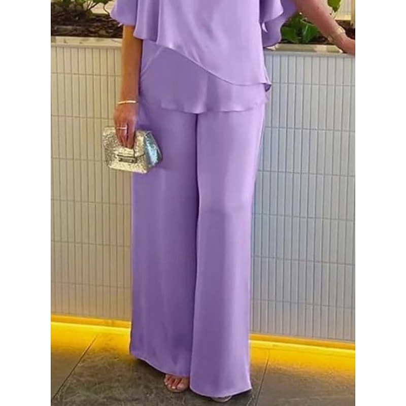 Women's Fashion Streetwear Daily Blouse Wide Leg Pants 3/4 Length Sleeve V Neck Plain Ruffle Casual Daily Pink Purple Khaki Spring &  Fall Regular Fit3