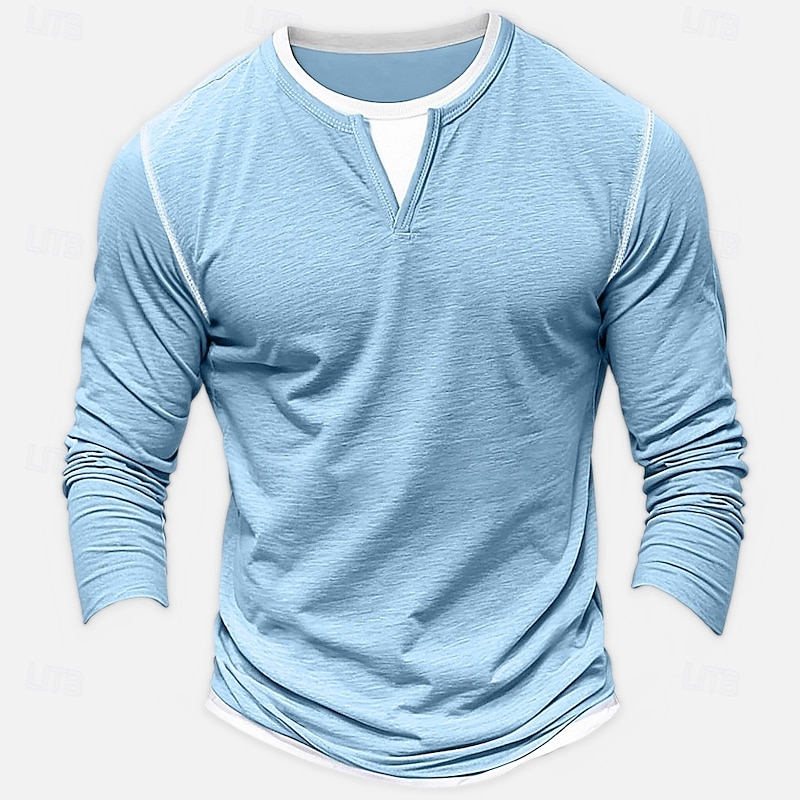 Men's Shirt V Neck Tee Long Sleeve Shirt Bamboo T-shirt Long Sleeve V Neck Spring &  Fall Solid Color Patchwork Daily Casual Street Style Fake two piece Outdoor Street Causal Light Blue Light Green2