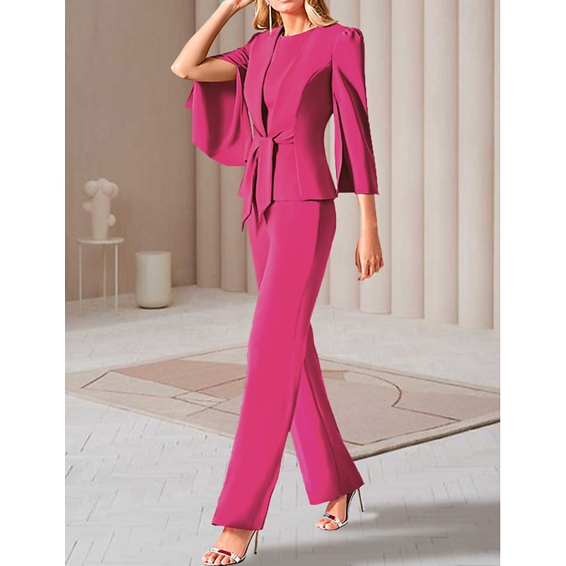 Women's 2 Pieces Suits Wedding Guest Wedding Party Chiffon Elegant Wrap Included 3/4 Sleeve Pleated Ankle Length2