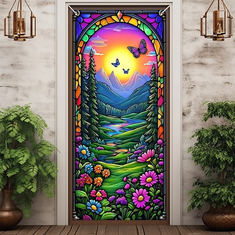 Stained Glass Effect Door Decorations Door Covers Door Tapestry Door Curtain Decoration Backdrop Indoor/Outdoor Door Banner for Front Door Farmhouse