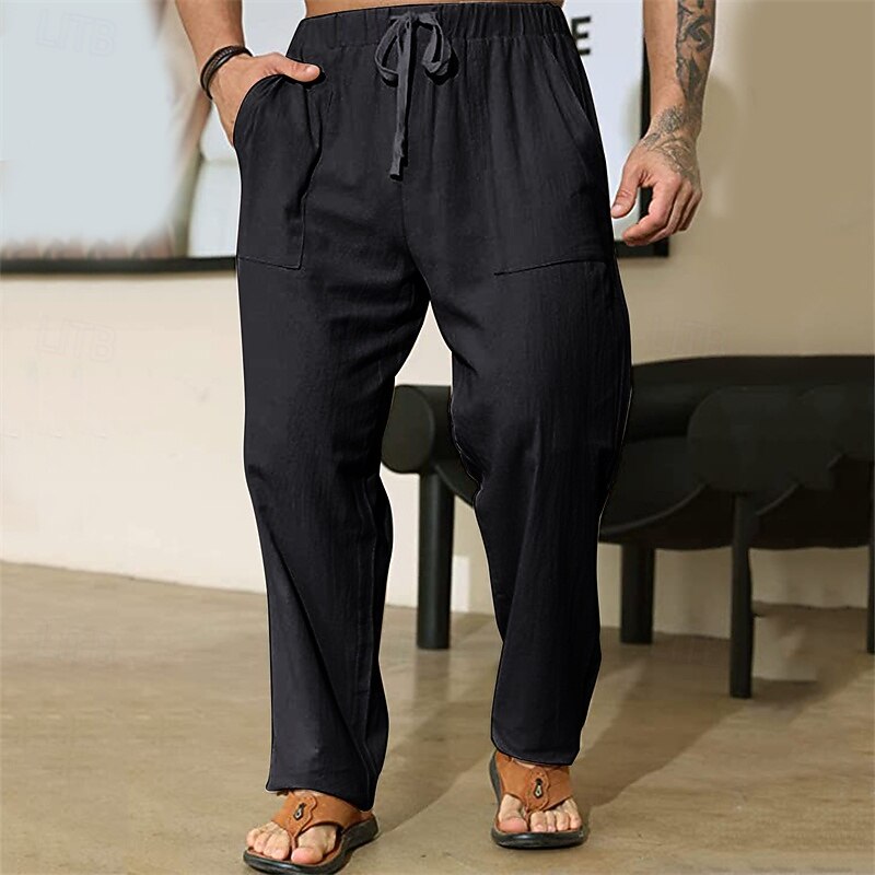 Men's Linen Pants Trousers Summer Pants Drawstring Elastic Waist Straight Leg Plain Comfort Breathable Full Length Home Casual Daily Fashion Classic Style Black White2