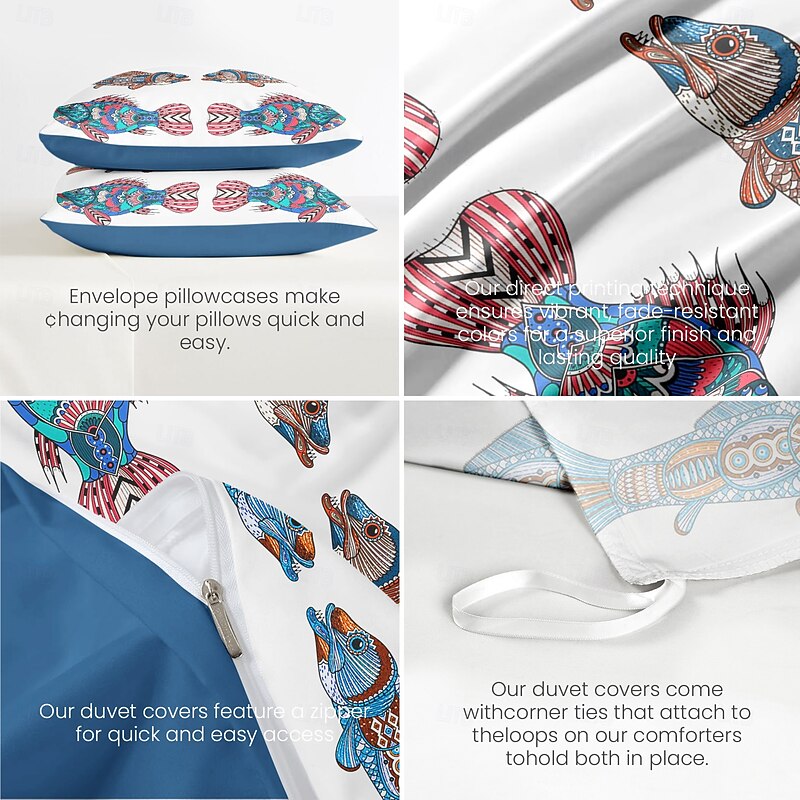 Comfy Fish Cartoon Printed Duvet Cover Set, Soft Microfiber Bedding, Fun Fish Design, Includes Duvet Cover and Pillowcases, Zipper Closure, Fade-Resistant, Machine Washable, Queen, King, Twin Sizes3