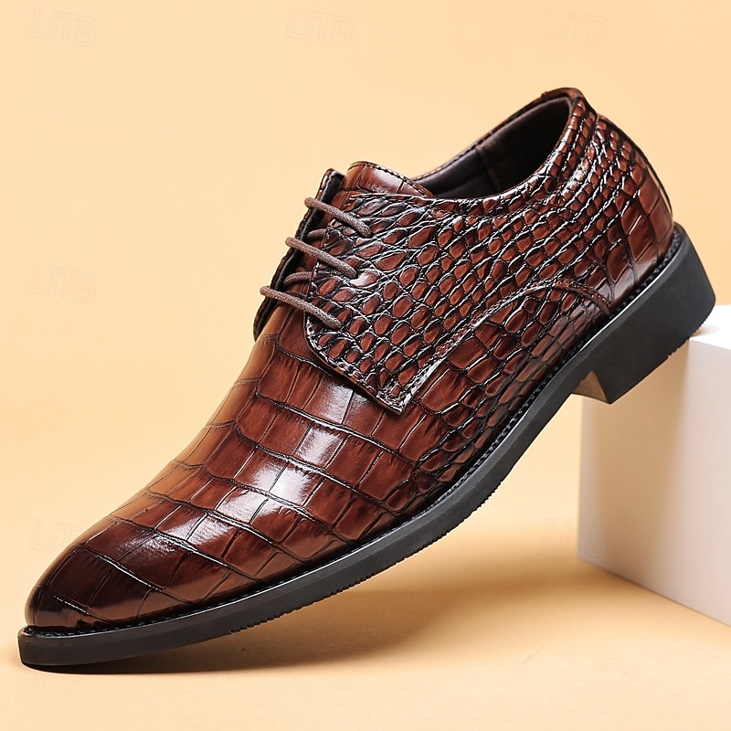 Men's Brown Crocodile Pattern Faux Leather Dress Shoes – Lace-Up Formal Footwear with Textured Design for Business and Weddings