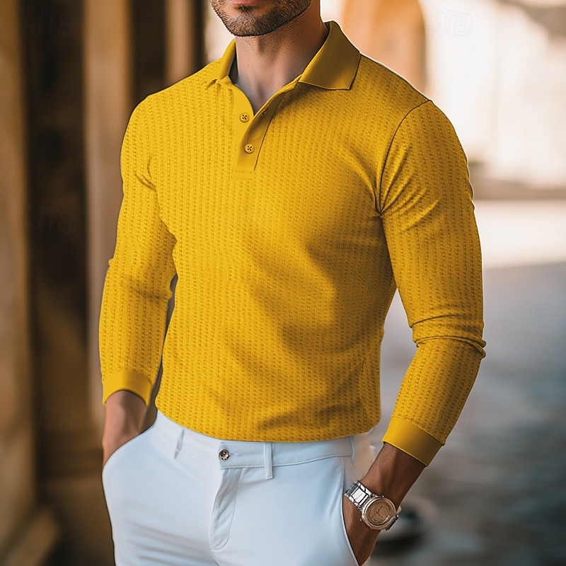 Men's Waffle Polo Shirts Golf Shirt Work Casual Lapel Long Sleeve Basic Modern Solid Color Texture Buttons Spring &  Fall Regular Fit milk white Black Yellow Wine Blue Gray Waffle Polo Shirts4