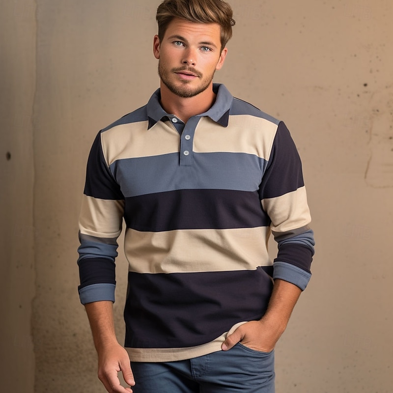 Men's Stripes Rugby Polo Cable Knit Polo Long Sleeve Polo Shirts Collared Shirts Casual Outdoor Athleisure 3D Print Spring Fall Blue2