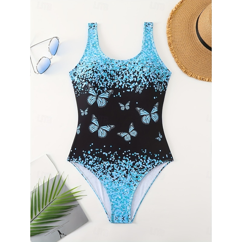 Women's Swimsuits One Piece Monokini Swimsuit Backless Tummy Control High Waist Slim Vacation Beach Wear Ombre Butterfly U Neck Sleeveless Bathing Suits3