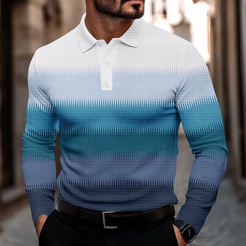 Men's Stripe Waffle Polo Shirts Golf Shirt Long Sleeve Polo Shirts Collared Shirts Casual Business Casual Dailywear Athleisure Buttons 3D Print Spring Fall Winter Blue Purple Brown4
