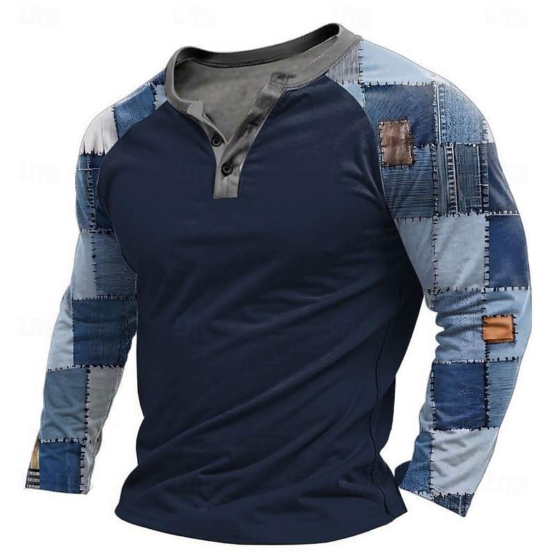 Men's Graphic Patchwork T Shirt Henley Shirt Tee Long Sleeve Designer Basic Classic Outdoor Daily Sports Spring &  Fall Black Light Gray Navy Blue Henley Henley T-Shirt