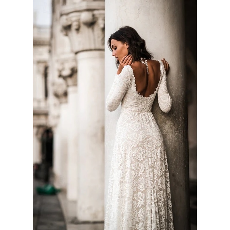 Wedding Dresses A-Line Boat Neck Long Sleeve Court Train Lace Bridal Gowns With Ruched Solid Color2