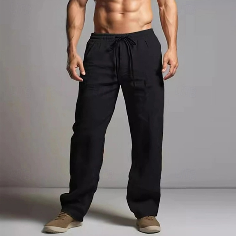 Men's Linen Pants Trousers Summer Pants Beach Pants Elastic Waist Drawstring Straight Leg Plain Comfort Breathable Full Length Casual Daily Holiday Fashion Classic Style Black White - Main Image