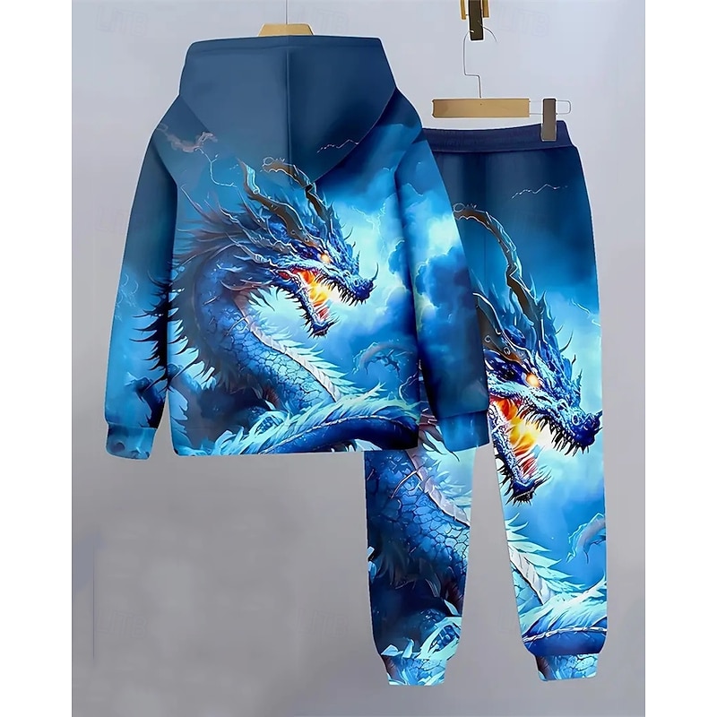 Boys 3D Graphic Dragon Hoodie & Sweatpants Set Sports Suit Tracksuits Long Sleeve Spring Fall Daily Basic Casual Kids 4-12 Years Hooded Outdoor Vacation Sports Tailored Fit