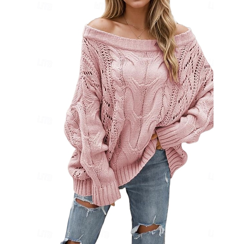 Women's Valentine Pink Sweater Pullover Elegant Pure Color Off Shoulder Knitted Long Sleeve Regular Tops Knit Fashion Streetwear Outdoor Daily Weekend Black Pink Fall Winter2