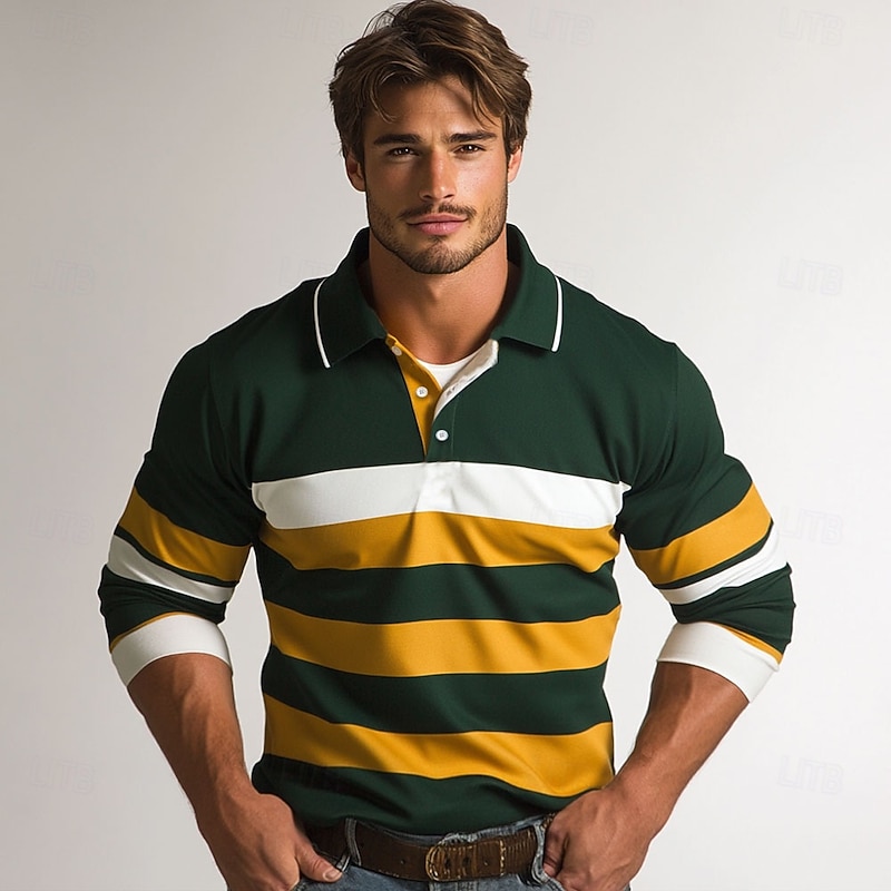 Men's Stripes Rugby Polo Cable Knit Polo Long Sleeve Polo Shirts Collared Shirts Casual Outdoor Athleisure 3D Print Spring Fall Green2