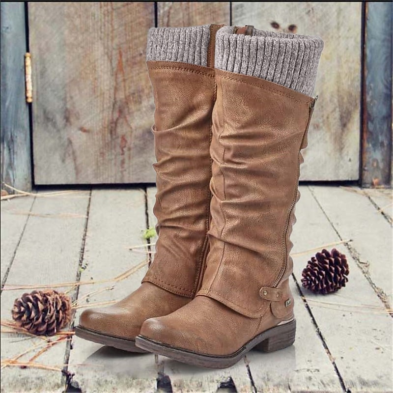 Women's Brown Slouchy Knit Cuff Knee-High Boots - Cozy and Stylish Fall/Winter Footwear