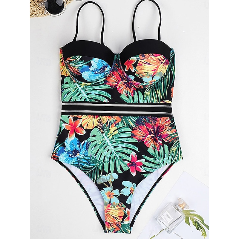 Women's Swimwear One Piece Swimsuit Zipper Backless Vacation Tropical Floral Graphic Halter Neck Sleeveless Bathing Suits3