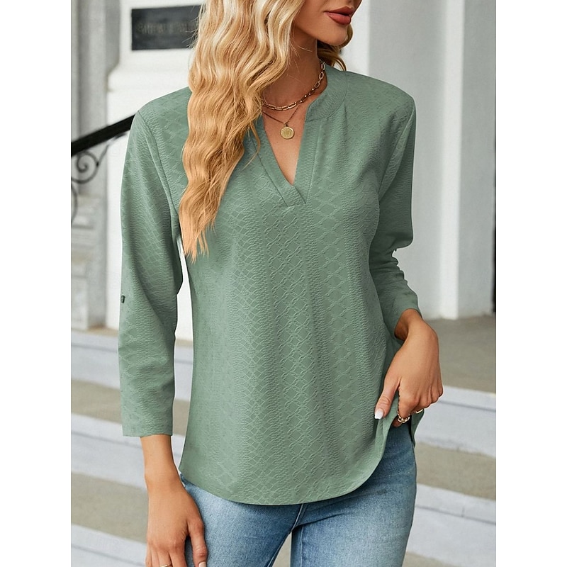 Women's Shirt Blouse Solid Color Basic Casual Long Sleeve Notched Neck Regular Tops Daily Pink Wine Green Summer Spring2