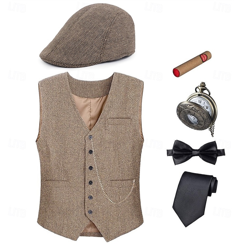 Retro Vintage Roaring 20s 1920s Outfits Waistcoat Gentleman Gangster Fancy Dress Men's Halloween Carnival New Year Carnival Party / Evening Masquerade Adults' Cravat Vest More Accessories All Seasons3