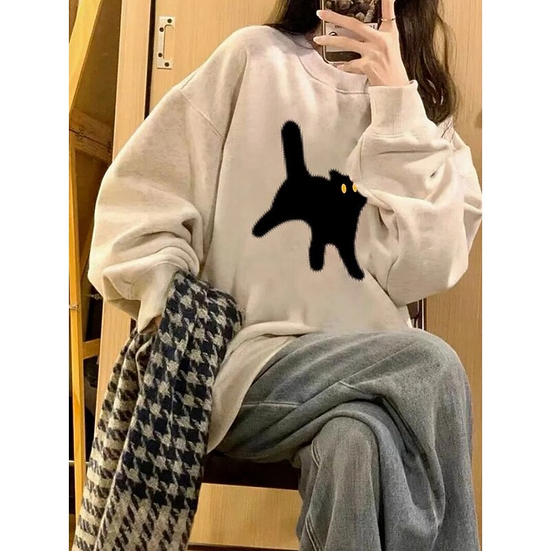 Women's Sweatshirts Cat Casual Long Sleeve Crew Neck Regular Tops Street Dailywear Print White Beige Gray Fall Winter2