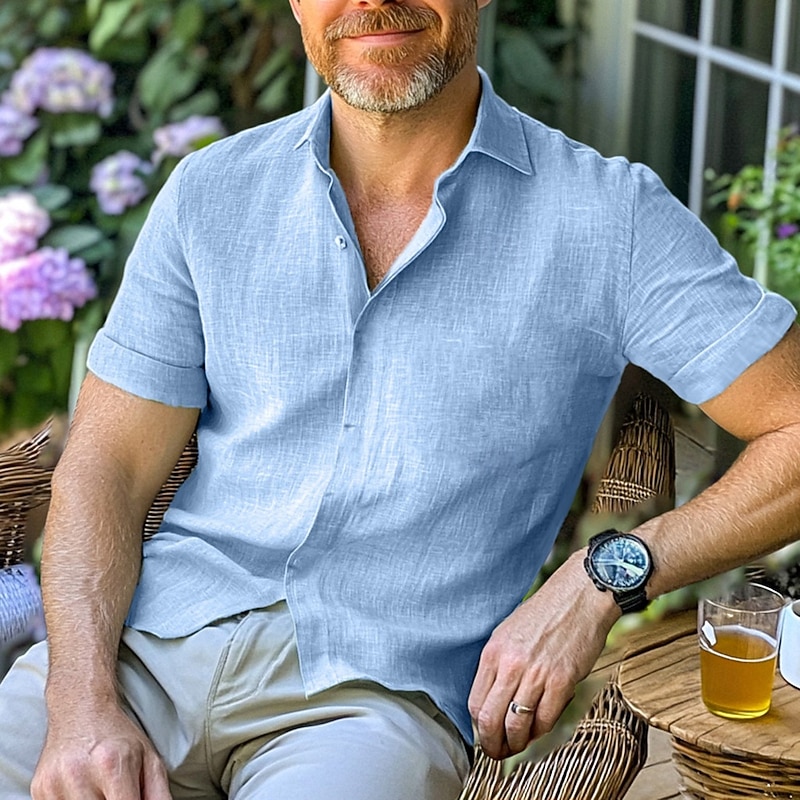 Men's Shirt Linen Shirt Summer Shirt Button Down Shirt Casual Shirt Plain Home Casual Black White Light Green Pink Short Sleeve Collar Summer Clothing Apparel